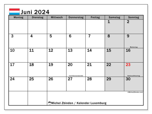 Kalender Juni 2024 “Luxemburg”. Plan zum Ausdrucken kostenlos.. Montag bis Sonntag