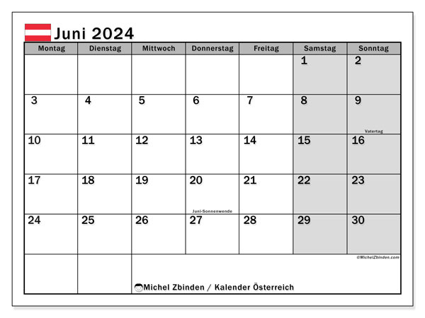 Kalendarz czerwiec 2024, Austria (DE). Darmowy dziennik do druku.