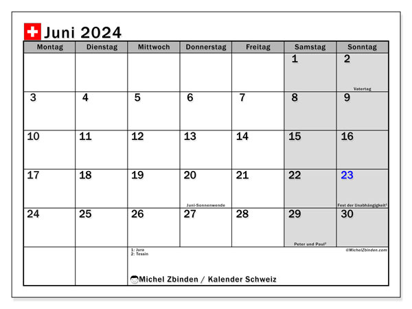 Kalender Juni 2024 “Schweiz”. Plan zum Ausdrucken kostenlos.. Montag bis Sonntag