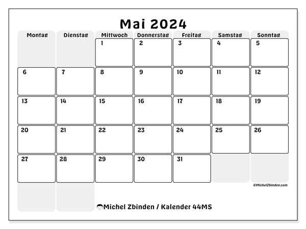 Kalender Mai 2024 “44”. Programm zum Ausdrucken kostenlos.. Montag bis Sonntag