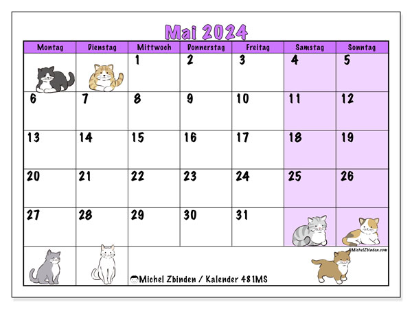 Kalender Mai 2024 “481”. Kalender zum Ausdrucken kostenlos.. Montag bis Sonntag