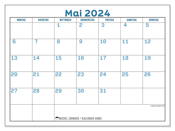 Kalender Mai 2024, 49MS. Kalender zum Ausdrucken kostenlos.