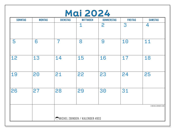 Kalender Mai 2024 “49”. Plan zum Ausdrucken kostenlos.. Sonntag bis Samstag