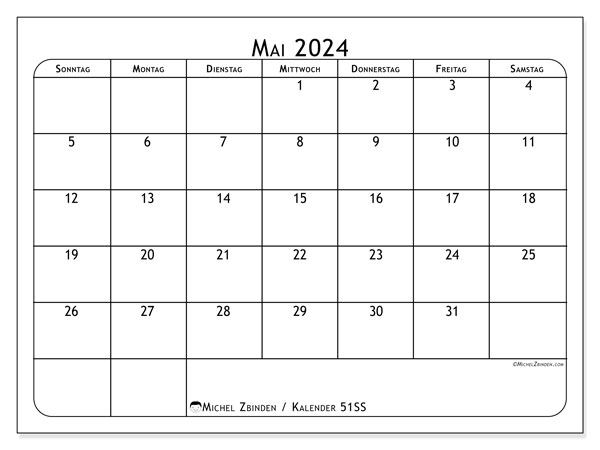 Kalender Mai 2024 “51”. Programm zum Ausdrucken kostenlos.. Sonntag bis Samstag
