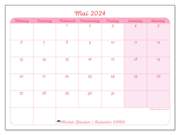 Kalender Mai 2024 “63”. Kalender zum Ausdrucken kostenlos.. Montag bis Sonntag