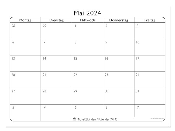 Kalender Mai 2024 “74”. Plan zum Ausdrucken kostenlos.. Montag bis Freitag