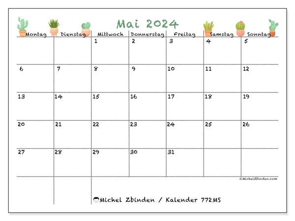 Kalender Mai 2024 “772”. Kalender zum Ausdrucken kostenlos.. Montag bis Sonntag