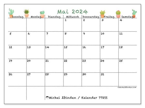 Kalender Mai 2024 “772”. Kalender zum Ausdrucken kostenlos.. Sonntag bis Samstag