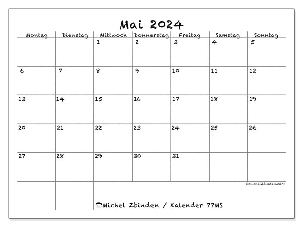 Kalender Mai 2024, 77SS. Kalender zum Ausdrucken kostenlos.