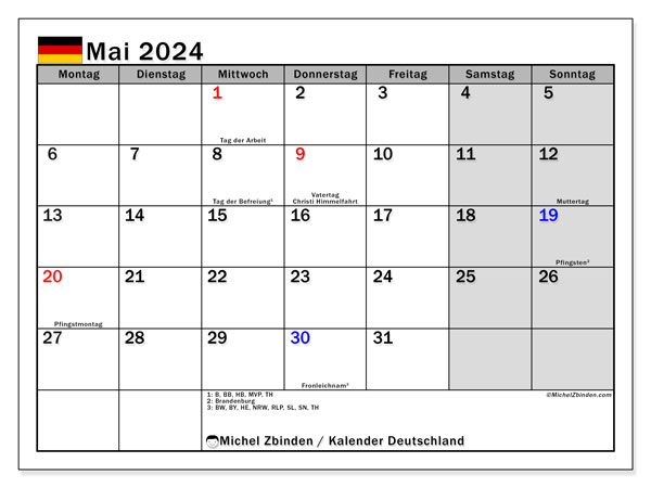Kalendarz maj 2024, Niemcy (DE). Darmowy dziennik do druku.