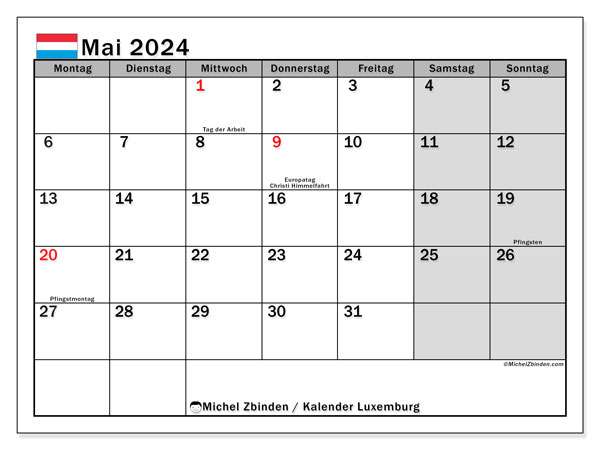 Calendario maggio 2024, Lussemburgo (DE). Piano da stampare gratuito.