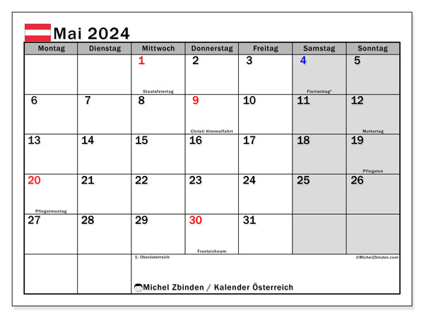 Kalendarz maj 2024, Austria (DE). Darmowy dziennik do druku.