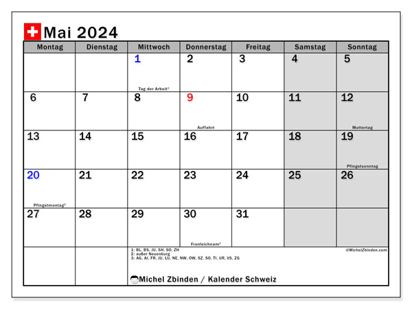 Kalender Mai 2024 “Schweiz”. Plan zum Ausdrucken kostenlos.. Montag bis Sonntag