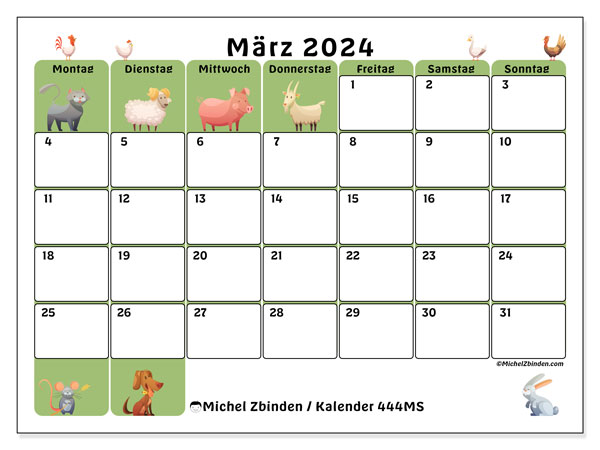 Kalender zum Ausdrucken, März 2024, 444MS