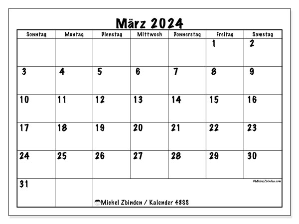 Kalender zum Ausdrucken, März 2024, 48SS