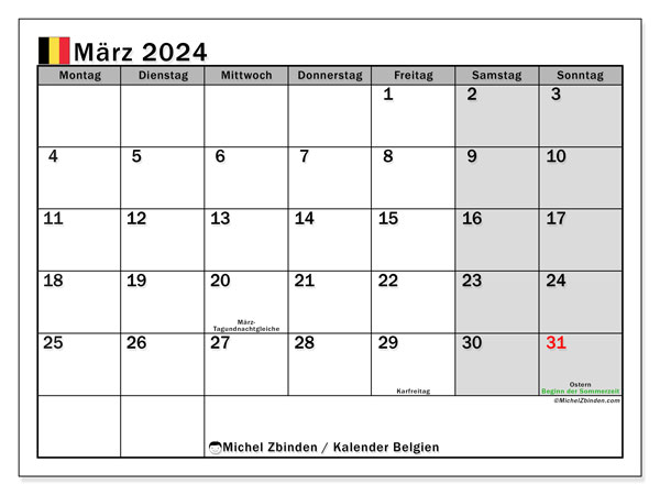 Kalender zum Ausdrucken, März 2024, Belgien