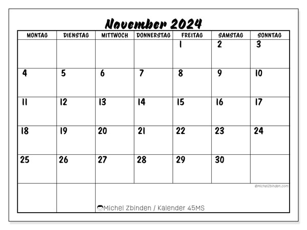 Kalender November 2024 “45”. Programm zum Ausdrucken kostenlos.. Montag bis Sonntag