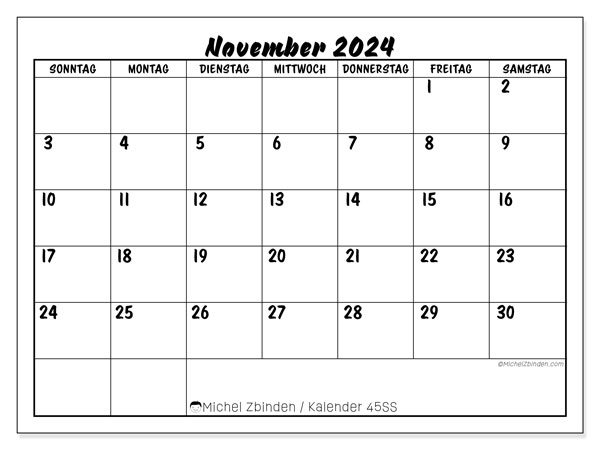 Kalender November 2024 “45”. Programm zum Ausdrucken kostenlos.. Sonntag bis Samstag