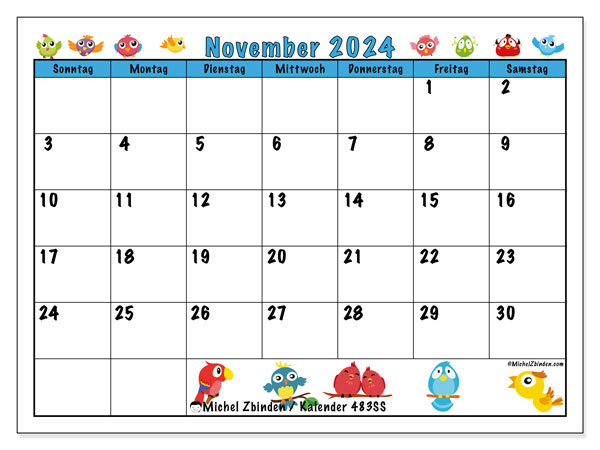 Kalender November 2024 “483”. Programm zum Ausdrucken kostenlos.. Sonntag bis Samstag
