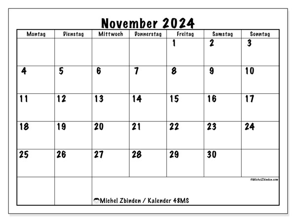 Kalender November 2024 “48”. Plan zum Ausdrucken kostenlos.. Montag bis Sonntag