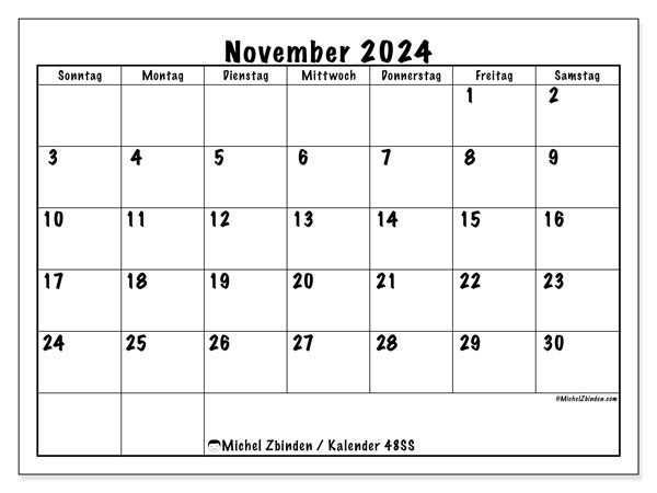 Kalender November 2024 “48”. Plan zum Ausdrucken kostenlos.. Sonntag bis Samstag