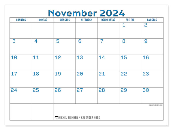 Kalender November 2024 “49”. Programm zum Ausdrucken kostenlos.. Sonntag bis Samstag