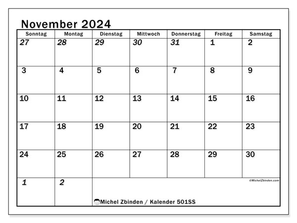 Kalender November 2024 “501”. Plan zum Ausdrucken kostenlos.. Sonntag bis Samstag