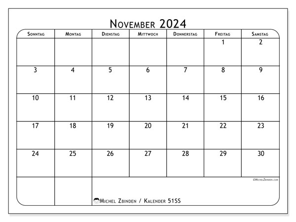 Kalender November 2024 “51”. Programm zum Ausdrucken kostenlos.. Sonntag bis Samstag