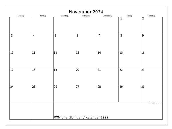 Kalender November 2024 “53”. Plan zum Ausdrucken kostenlos.. Sonntag bis Samstag