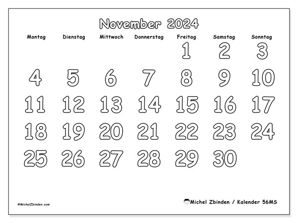 Kalender November 2024 “56”. Plan zum Ausdrucken kostenlos.. Montag bis Sonntag