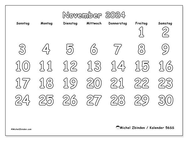Kalender November 2024 “56”. Plan zum Ausdrucken kostenlos.. Sonntag bis Samstag