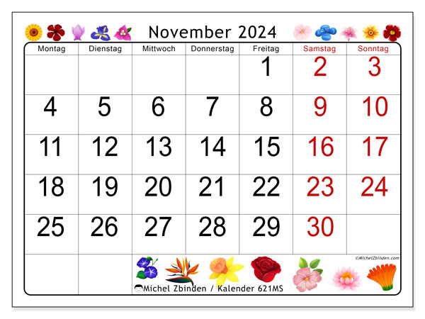 Kalender November 2024 “621”. Kalender zum Ausdrucken kostenlos.. Montag bis Sonntag