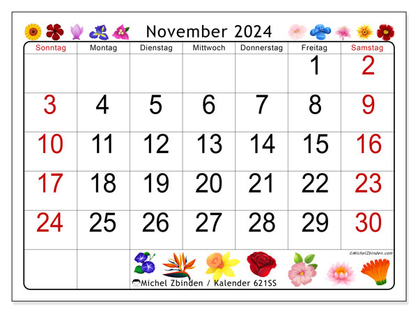 Kalender November 2024 “621”. Kalender zum Ausdrucken kostenlos.. Sonntag bis Samstag