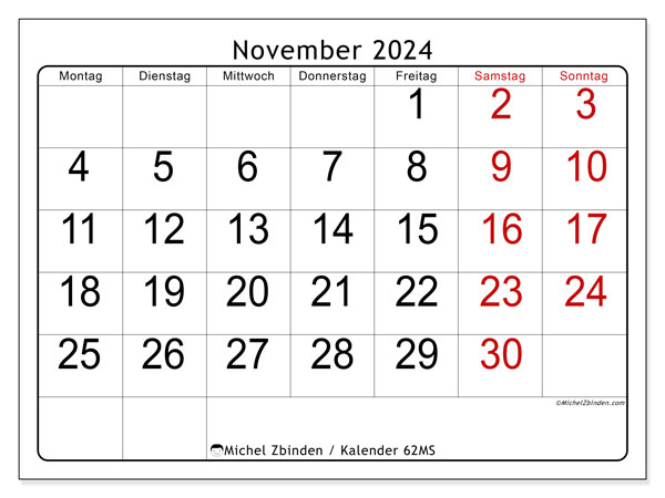 Kalender November 2024 “62”. Kalender zum Ausdrucken kostenlos.. Montag bis Sonntag