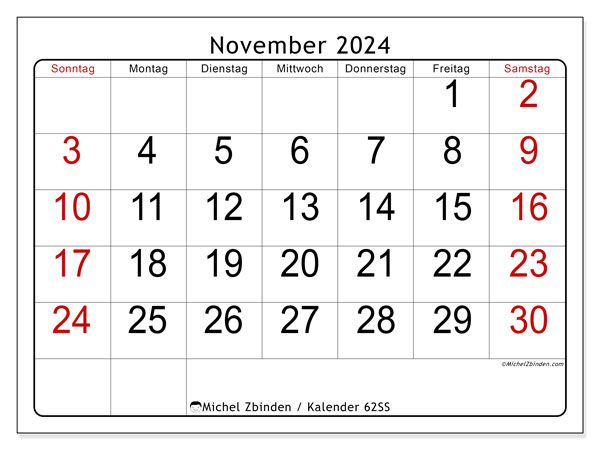 Kalender November 2024 “62”. Kalender zum Ausdrucken kostenlos.. Sonntag bis Samstag