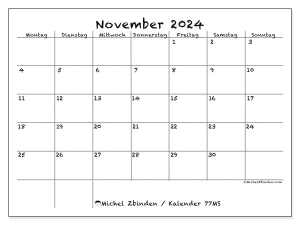 Kalender November 2024 “77”. Plan zum Ausdrucken kostenlos.. Montag bis Sonntag