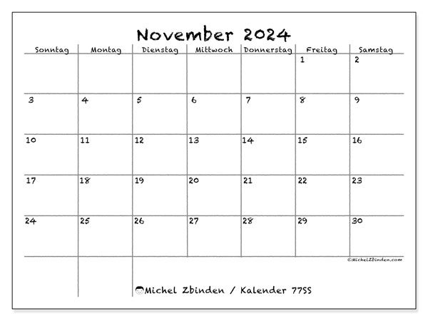 Kalender November 2024 “77”. Plan zum Ausdrucken kostenlos.. Sonntag bis Samstag