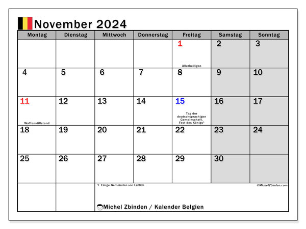 Kalender November 2024 “Belgien”. Plan zum Ausdrucken kostenlos.. Montag bis Sonntag