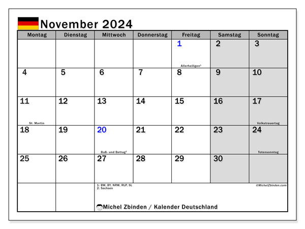 Kalenteri marraskuu 2024, Saksa (DE). Ilmainen tulostettava aikataulu.