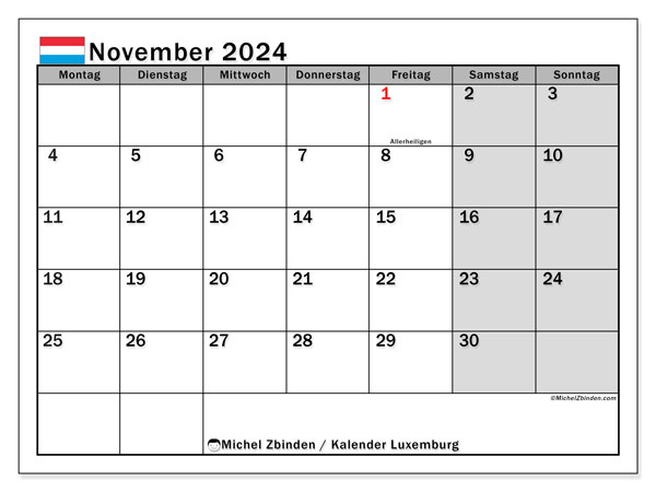Kalenteri marraskuu 2024, Luxemburg (DE). Ilmainen tulostettava aikataulu.