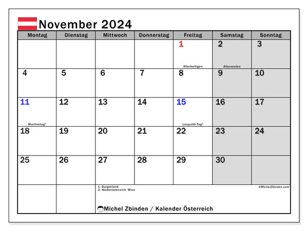 Kalenteri marraskuu 2024, Itävalta (DE). Ilmainen tulostettava aikataulu.
