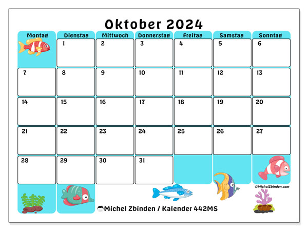 Kalender Oktober 2024 “442”. Kalender zum Ausdrucken kostenlos.. Montag bis Sonntag