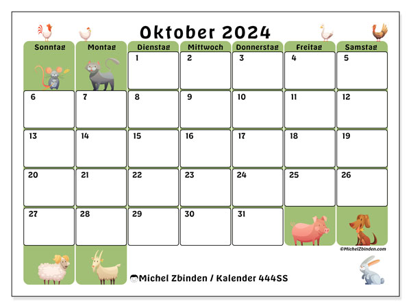 Kalender Oktober 2024 “444”. Kalender zum Ausdrucken kostenlos.. Sonntag bis Samstag