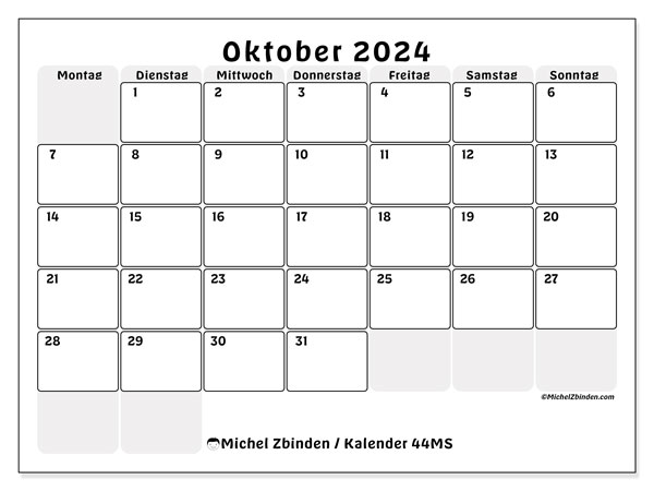 Kalender Oktober 2024 “44”. Programm zum Ausdrucken kostenlos.. Montag bis Sonntag