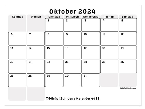 Kalender Oktober 2024 “44”. Programm zum Ausdrucken kostenlos.. Sonntag bis Samstag