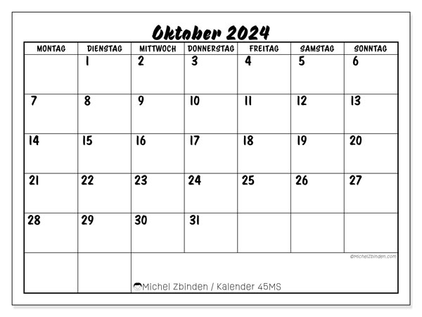 Kalender Oktober 2024, 45SS. Plan zum Ausdrucken kostenlos.