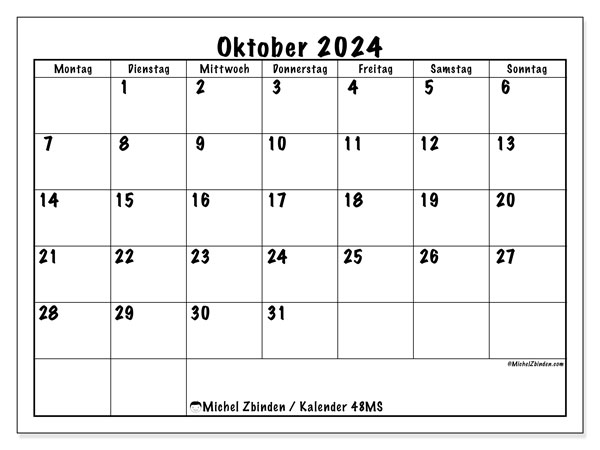 Kalender Oktober 2024 “48”. Kalender zum Ausdrucken kostenlos.. Montag bis Sonntag