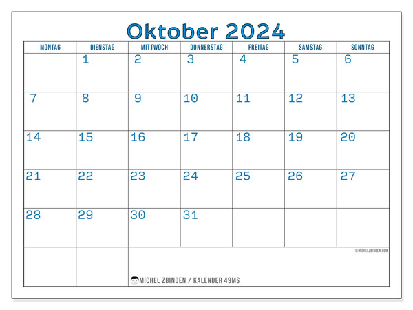 Kalender Oktober 2024 “49”. Kalender zum Ausdrucken kostenlos.. Montag bis Sonntag