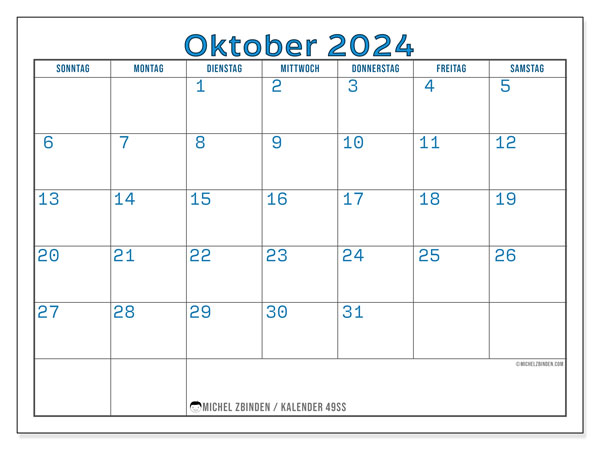Kalender Oktober 2024 “49”. Kalender zum Ausdrucken kostenlos.. Sonntag bis Samstag