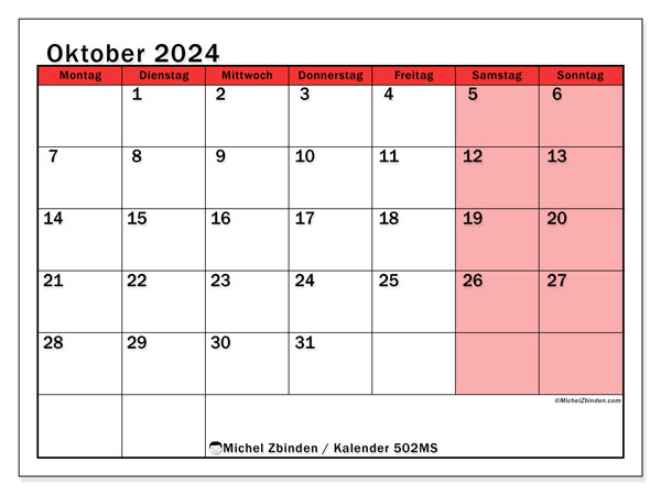 Kalender Oktober 2024 “502”. Plan zum Ausdrucken kostenlos.. Montag bis Sonntag